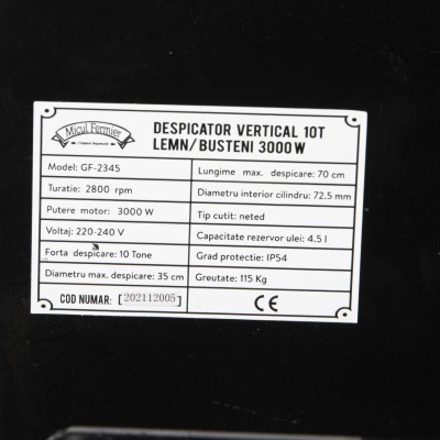 Poza Despicator vertical lemne/busteni Micul Fermier GF-2345, motor electric, putere, 3 kW, diametru maxim 350 mm. Poza 43859