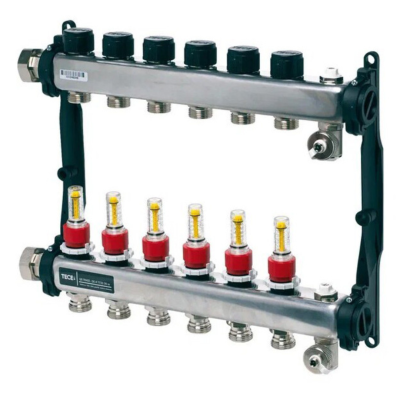 Poza Distribuitor incalzire pardoseala, cu debitmetre, TECEfloor 77310006, otel, filet interior, 6 cai, 1". Poza 44946
