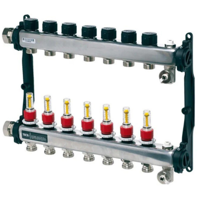 Poza Distribuitor incalzire pardoseala, cu debitmetre, TECEfloor 77310007, otel, filet interior, 7 cai, 1". Poza 44949